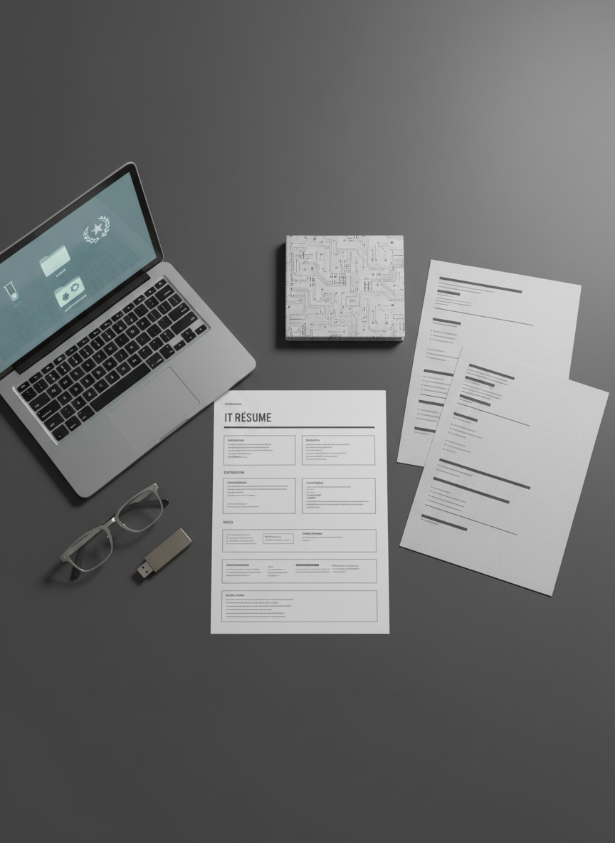 An elegant flat-lay of an IT résumé and portfolio materials arranged on a dark graphite desk surface, with the résumé represented as clean, structured blocks and lines instead of legible text. Nearby, a slim silver laptop is partially open, showing a blurred interface of folders labeled with subtle icons representing labs, projects, and certifications. A pair of modern, frameless glasses and a brushed metal USB drive add tech-focused details. Soft overhead studio lighting creates subtle shadows and highlights on the paper texture and metal surfaces. Photographic realism, captured from a directly overhead bird’s-eye view, with a calm, professional mood that suggests careful career planning and attention to detail.