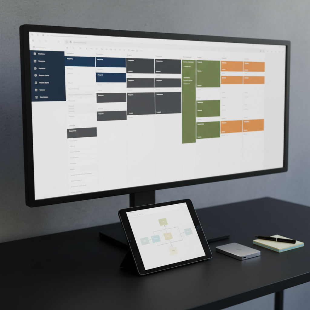 A minimalist project planning scene featuring a large ultra-wide monitor displaying an abstract, non-readable project board of colored blocks representing different IT projects: networks, security, automation, and software. On the matte black desk below, a tablet shows a simplified flowchart, while a small, brushed aluminum external drive and a neat stack of sticky notes in muted tones suggest active development. Cool, soft studio lighting from the side casts gentle shadows, emphasizing clean lines and a modern aesthetic. Photographic realism, framed using the rule of thirds with a medium depth of field, creating a focused yet approachable mood, ideal for illustrating structured, well-managed IT project work.