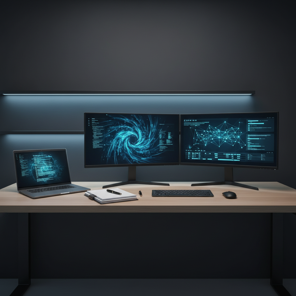 A sleek, modern workstation configured as an IT professional’s command center, featuring a dual-monitor setup displaying abstract dashboards of code, network diagrams, and project timelines without any readable text. A slim black laptop with a subtle metallic finish is open beside a neatly arranged notepad, pen, and a minimalist wireless keyboard. The desk surface is a smooth, light oak wood, framed by a dark matte wall with softly glowing LED accent strips. Cool, diffused studio lighting creates gentle reflections on the screens and a calm, focused atmosphere. Photographic realism, shot at eye level with a shallow depth of field, emphasizing clarity, organization, and a professional portfolio feel.