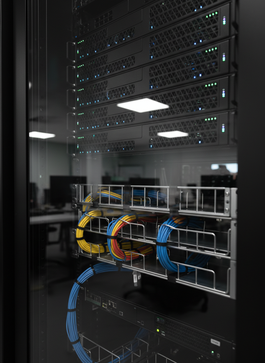 A close-up of a high-end server rack and networking equipment symbolizing IT lab environments, with rows of matte black servers and glowing status LEDs in cool blues and greens. Thick, neatly managed ethernet cables in organized bundles run through cable trays, emphasizing order and reliability. The equipment is housed in a glass-front cabinet, reflecting a faint, blurred office background. Focused, directional studio lighting highlights the metallic textures and subtle patterns of ventilation grilles, while deeper shadows between racks add depth. Photographic realism, shot from a slightly low, three-quarter angle, creating a dynamic, technical atmosphere that conveys hands-on infrastructure and systems experience.