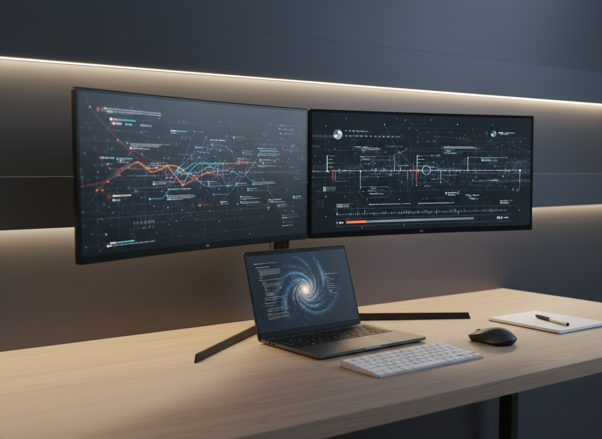 A sleek, modern workstation configured as an IT professional’s command center, featuring a dual-monitor setup displaying abstract dashboards of code, network diagrams, and project timelines without any readable text. A slim black laptop with a subtle metallic finish is open beside a neatly arranged notepad, pen, and a minimalist wireless keyboard. The desk surface is a smooth, light oak wood, framed by a dark matte wall with softly glowing LED accent strips. Cool, diffused studio lighting creates gentle reflections on the screens and a calm, focused atmosphere. Photographic realism, shot at eye level with a shallow depth of field, emphasizing clarity, organization, and a professional portfolio feel.