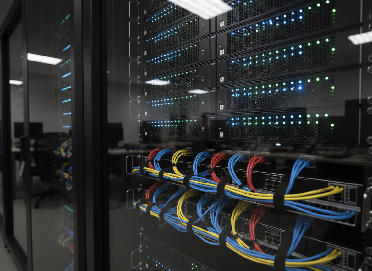 A close-up of a high-end server rack and networking equipment symbolizing IT lab environments, with rows of matte black servers and glowing status LEDs in cool blues and greens. Thick, neatly managed ethernet cables in organized bundles run through cable trays, emphasizing order and reliability. The equipment is housed in a glass-front cabinet, reflecting a faint, blurred office background. Focused, directional studio lighting highlights the metallic textures and subtle patterns of ventilation grilles, while deeper shadows between racks add depth. Photographic realism, shot from a slightly low, three-quarter angle, creating a dynamic, technical atmosphere that conveys hands-on infrastructure and systems experience.