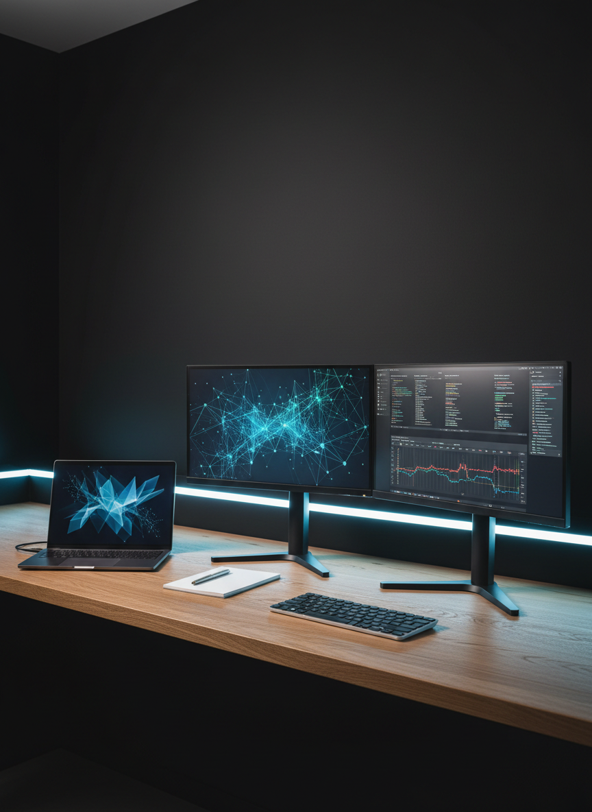 A sleek, modern workstation configured as an IT professional’s command center, featuring a dual-monitor setup displaying abstract dashboards of code, network diagrams, and project timelines without any readable text. A slim black laptop with a subtle metallic finish is open beside a neatly arranged notepad, pen, and a minimalist wireless keyboard. The desk surface is a smooth, light oak wood, framed by a dark matte wall with softly glowing LED accent strips. Cool, diffused studio lighting creates gentle reflections on the screens and a calm, focused atmosphere. Photographic realism, shot at eye level with a shallow depth of field, emphasizing clarity, organization, and a professional portfolio feel.