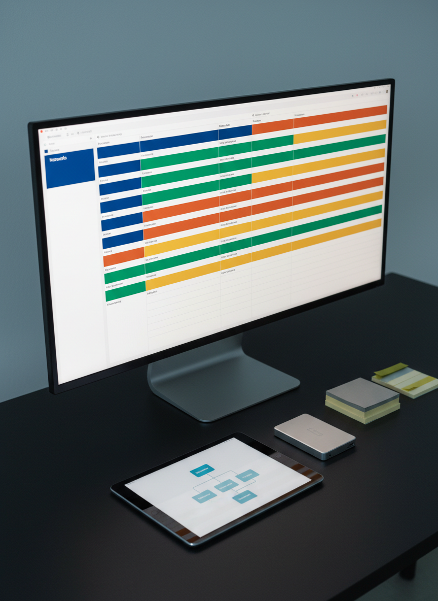 A minimalist project planning scene featuring a large ultra-wide monitor displaying an abstract, non-readable project board of colored blocks representing different IT projects: networks, security, automation, and software. On the matte black desk below, a tablet shows a simplified flowchart, while a small, brushed aluminum external drive and a neat stack of sticky notes in muted tones suggest active development. Cool, soft studio lighting from the side casts gentle shadows, emphasizing clean lines and a modern aesthetic. Photographic realism, framed using the rule of thirds with a medium depth of field, creating a focused yet approachable mood, ideal for illustrating structured, well-managed IT project work.