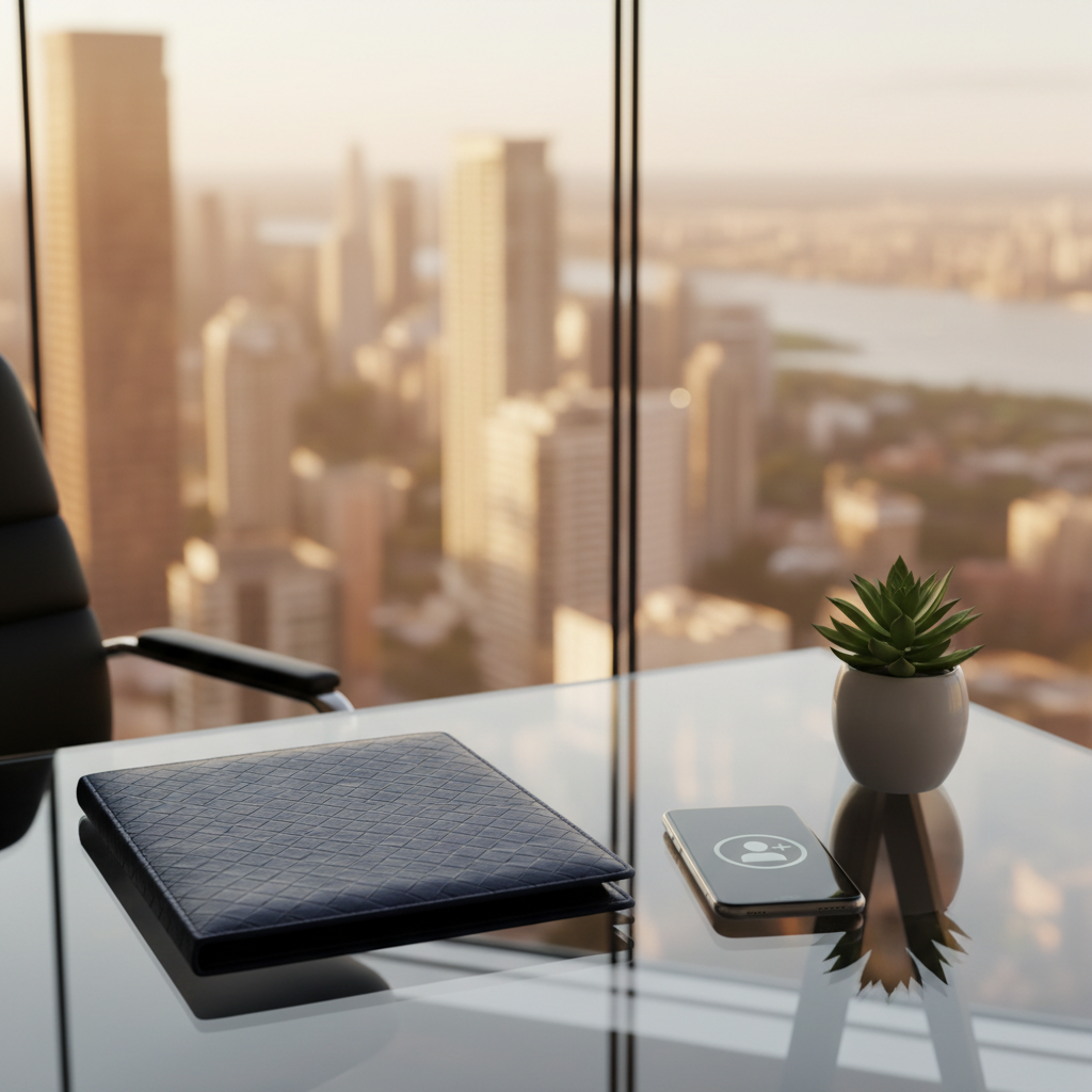 A sophisticated background and contact concept image showing a clean, modern glass desk against a softly blurred cityscape visible through a large window, symbolizing professional growth and opportunity in IT. On the desk rests a closed, dark navy portfolio folder with a subtle embossed geometric pattern and a slim smartphone beside it displaying a generic contact icon without text. A small, simple desk plant in a white ceramic pot adds a touch of balance. Warm, late-afternoon natural light streams in, creating soft reflections on the glass surface and a reassuring, professional atmosphere. Photographic realism, shot from a slightly elevated angle, with a balanced composition that feels welcoming and ready for connection.