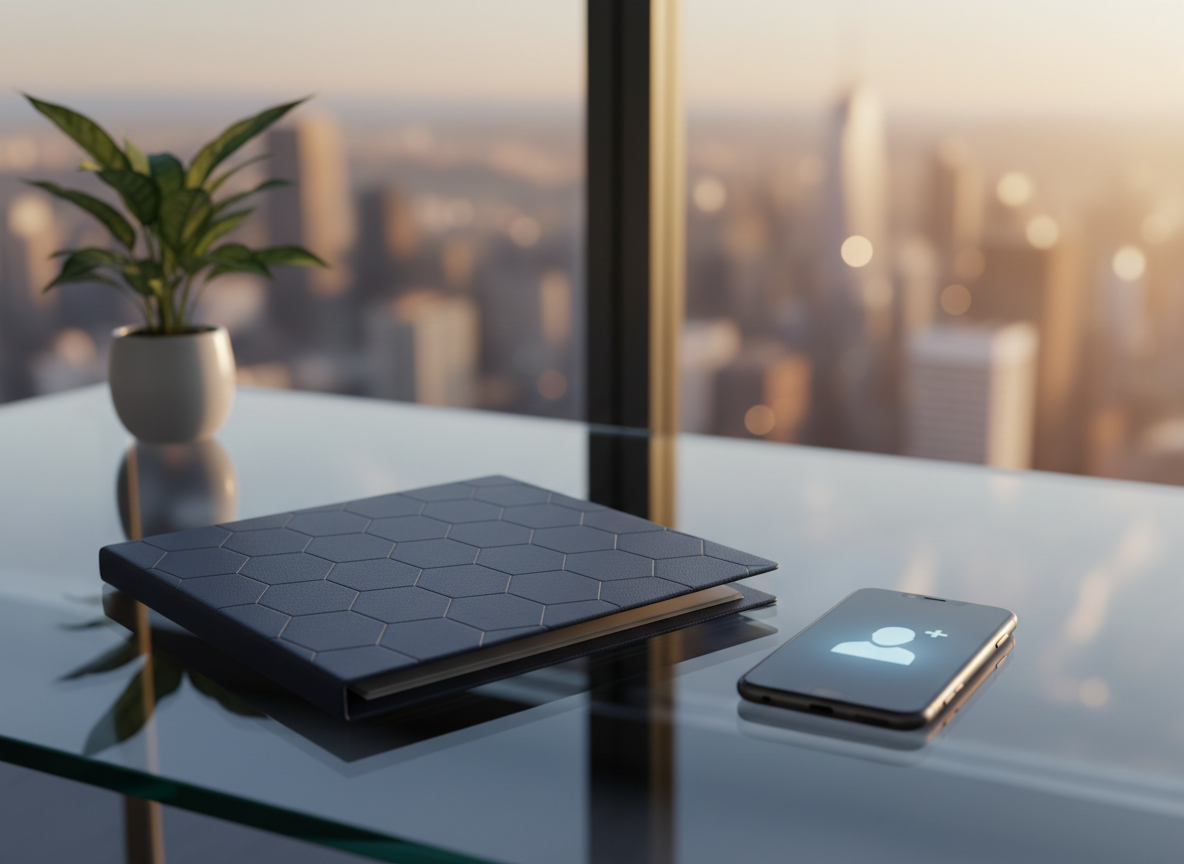 A sophisticated background and contact concept image showing a clean, modern glass desk against a softly blurred cityscape visible through a large window, symbolizing professional growth and opportunity in IT. On the desk rests a closed, dark navy portfolio folder with a subtle embossed geometric pattern and a slim smartphone beside it displaying a generic contact icon without text. A small, simple desk plant in a white ceramic pot adds a touch of balance. Warm, late-afternoon natural light streams in, creating soft reflections on the glass surface and a reassuring, professional atmosphere. Photographic realism, shot from a slightly elevated angle, with a balanced composition that feels welcoming and ready for connection.