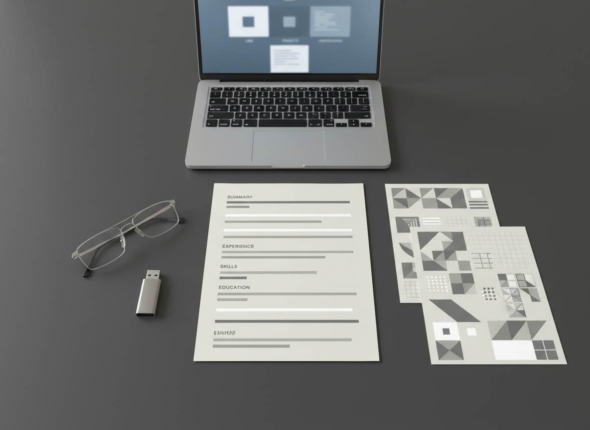 An elegant flat-lay of an IT résumé and portfolio materials arranged on a dark graphite desk surface, with the résumé represented as clean, structured blocks and lines instead of legible text. Nearby, a slim silver laptop is partially open, showing a blurred interface of folders labeled with subtle icons representing labs, projects, and certifications. A pair of modern, frameless glasses and a brushed metal USB drive add tech-focused details. Soft overhead studio lighting creates subtle shadows and highlights on the paper texture and metal surfaces. Photographic realism, captured from a directly overhead bird’s-eye view, with a calm, professional mood that suggests careful career planning and attention to detail.