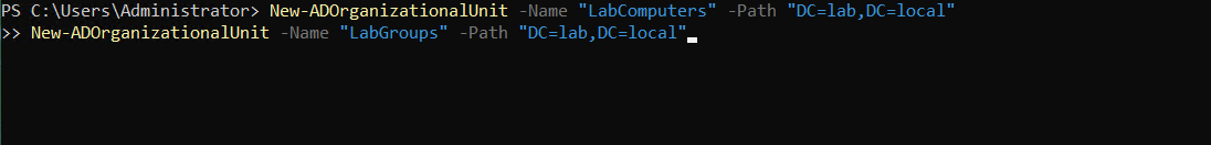 PowerShell output showing New-ADGroup command creating LabAdmins security group