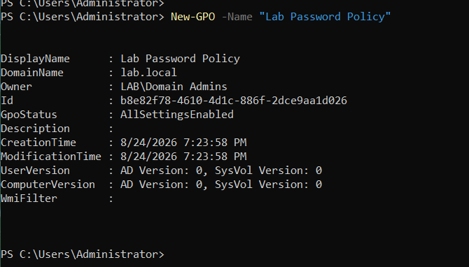 PowerShell New-GPO command creating Lab Password Policy Group Policy Object