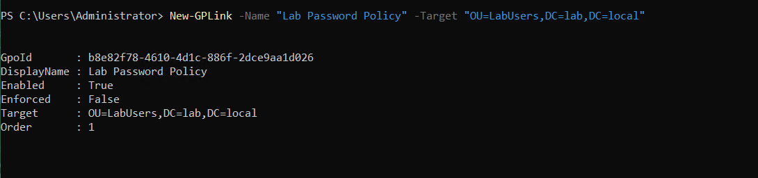 New-GPLink output confirming Lab Password Policy linked to LabUsers OU